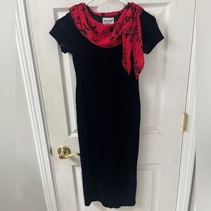 Girls Black Velvet Dress with Red Scarf